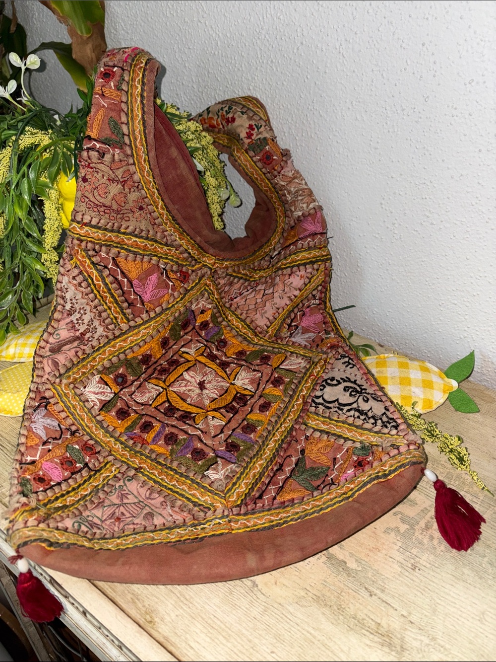 Embroidered Boho Shoulder Bag in Rose and Mustard